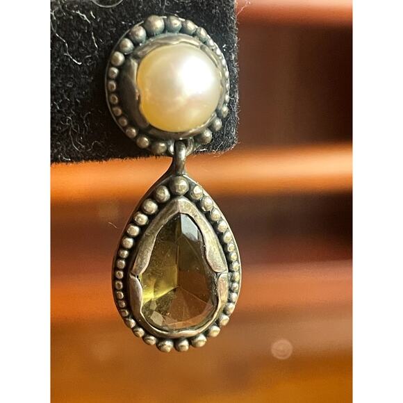 Sterling Silver Drop Earrings Pearl & Faceted Gemstone Southwestern IGD Marked - Picture 2 of 9